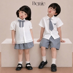Set sơ mi kẻ Blue Schoo cho bé trai bé gái áo sơ mi trắng kèm quần hoặc chân váy cùng cà vạt và nơ rời size 11 tới 28kg BERNIE V0526B73