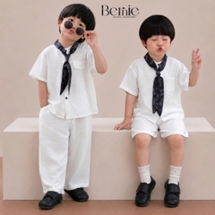 Set bộ đũi áo sơ mi cổ trụ phối khăn kèm quần short cho bé trai đi chơi đi biển size 11kg tới 28kg BERNIE H0326B25