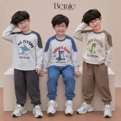 Set bộ thun dài tay áo phối màu Dino Team kèm quần dài cho bé trai size 9 tới 25kg BERNIE H0426B17