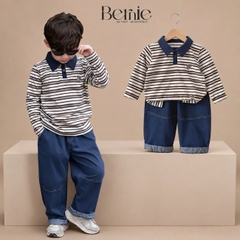 Set bộ dài tay cho bé trai áo polo họa tiết kẻ thêu Dog phối quần dài suông denim size 11 tới 28kg BERNIE V0426B37