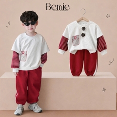 Set bộ cotton phối kẻ BNE Sport áo tay dài kèm quần cho bé trai size 9 tới 25kg BERNIE T0526B35