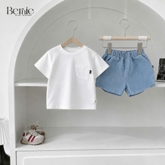 Set bộ tay ngắn basic áo thun túi lệch kèm quần short kaki denim cho bé trai đi chơi đi học size 9kg tới 25kg H0226B25Đ AT3M