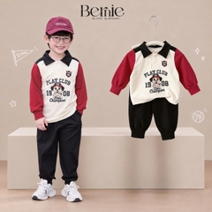 Set bộ polo tay dài áo thun cổ phối màu họa tiết Play Club kèm quần dài cho bé trai size 9 tới 28kg BERNIE T0426B49