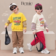 Set bộ dài cho bé trai áo thun tay phối kẻ sọc Sunny Ride kèm quần dài size 9 tới 25kg BERNIE H0426B25