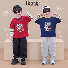Set bộ dài áo thun cotton tay phối kẻ Play Time kèm quần gió dài cho bé trai size 11 tới 28kg BERNIE T0426B12