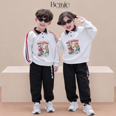 Set bộ polo unisex cho bé trai bé gái áo polo tay dài họa tiết Hello Buddies kèm quần dài size 9 tới 28kg BERNIE T0426B10