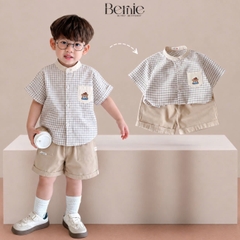 Set bộ sơ mi nâu gấu Lucky áo cổ trụ tay ngắn caro kèm quần short cho bé trai từ 11 đến 28kg BERNIE H0326B05