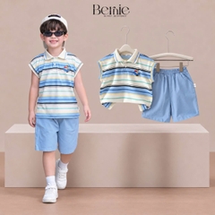 Set bộ polo tanktop kẻ ngang Little Pilot cho bé trai kèm quần short kaki phong cách Hàn quốc 9 đến 28kg BERNIE H0326B40