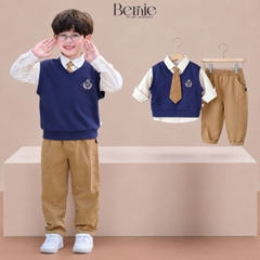 Set bộ 4CT áo sơ mi tay dài áo gi lê rời thêu phù hiệu kèm cà vạt và quần kaki size 1 đến 7 tuổi BERNIE T0526B71