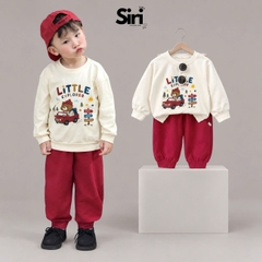Set bộ dài tay chất thun cotton áo be họa tiết Little Explorer kèm quần dài đỏ size 10 tới 27kg BERNIE SIRI 6383BDK