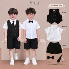Set vest gi lê 5CT cho bé trai áo gi lê áo sơ mi quần short phụ kiện nơ cổ và cà vạt size 9 tới 25kg BERNIE H0726B27