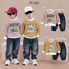Set bộ dài thu đông áo dài tay kẻ họa tiết Fun Day kèm quần jean dài size 9 tới 28kg BERNIE H0426B26