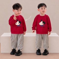 Set bộ dài tay thu đông thun cotton áo đỏ họa tiết cún nhỏ ấm áp kèm quần dài kẻ sọc size 9 tới 26kg BERNIE SIRI 6382BDK