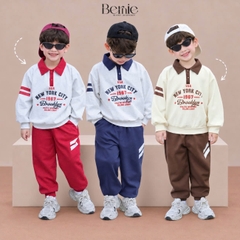 Set bộ polo thu đông cho bé trai áo polo tay dài phối sọc Brooklyn kèm quần dài size 9 tới 26kg BERNIE V0526B31