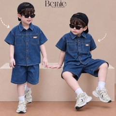 Set bộ sơ mi denim cho bé trai áo sơ mi phối túi kèm quần short size 9 đến 28kg BERNIE T0126B13Đ