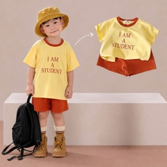 Set bộ cộc tay phối màu cho bé trai bé gái áo họa tiết Student kèm quần short size 9kg đến 25kg BERNIE SIRI 280926B9