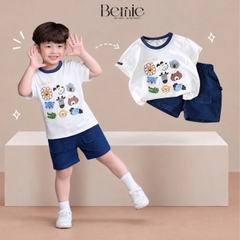 Set bộ tay ngắn áo thun cotton ngộ nghĩnh kèm quần short denim bé trai size 11 tới 25kg BERNIE T0925B05-T126