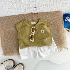 Áo tanktop cotton xược túi ngực thêu gấu dáng hàn quốc cho bé trai bé gái từ 9đến 24kg BERNIE 23A026