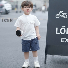 Áo sơ mi cổ trụ cho bé trai tay ngắn phối túi ngực nhiều màu size 9 tới 28kg BERNIE P1124A93