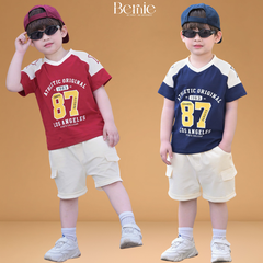 Set bộ thể thao phối màu tay ngắn họa tiết số 87 kèm quần short cho bé trai size 9 tới 28kg BERNIE T1025B65Đ