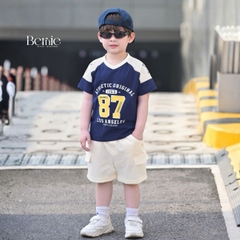 Set bộ thể thao phối màu tay ngắn họa tiết số 87 kèm quần short cho bé trai size 9 tới 28kg BERNIE T1025B65Đ