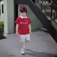 Set bộ polo tay ngắn cho bé trai áo thun polo cổ dệt hình in huy hiệu team Bernie và quần short size 9 tới 28kg H1025B51
