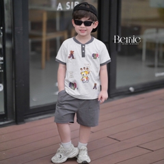 Set bộ tay ngắn cổ trụ họa tiết Gấu Funny và quần short đi chơi đi biển cho bé trai size 1 tới 7 tuổi BERNIE H1125B37
