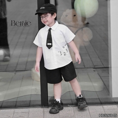  Set sơ mi 3CT cho bé trai áo tay ngắn phối cà vạt kèm quần short bé đi học đi chơi 11 tới 28kg BERNIE H0326B45