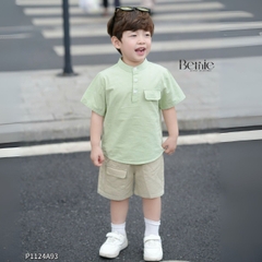 Áo sơ mi cổ trụ cho bé trai tay ngắn phối túi ngực nhiều màu size 9 tới 28kg BERNIE P1124A93