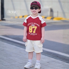 Set bộ thể thao phối màu tay ngắn họa tiết số 87 kèm quần short cho bé trai size 9 tới 28kg BERNIE T1025B65Đ