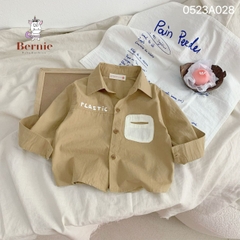 Áo sơ mi ngắn tay bé trai đáp túi chữ Plastic vintage chất thô đũi mềm cho bé 1 đến 7 tuổi BERNIE