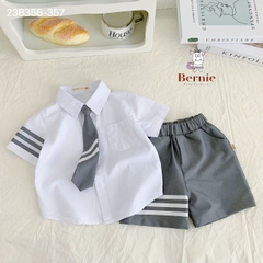 Set đồ sơ mi đồng phục đôi ngắn tay cho bé trai bé gái phối sọc kèm cà vạt đi học đi chơi 1đến 7t BERNIE 23B356