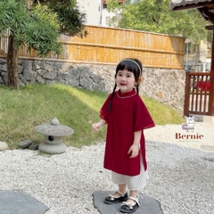 Áo dài bé gái cách tân bé trai lụa cao cấp màu đỏ họa tiết cánh bướm BERNIE 1 đến 7 tuổi 1023B013