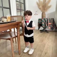 Bộ quần áo vest set sơ mi công tử bé trai đính nơ rời kèm quần short ngắn mặc sinh nhật đi chơi đi tiệc 1 đến 7 tuổi BERNIE