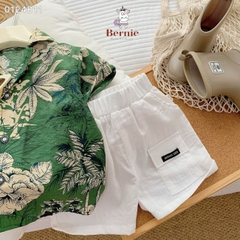 Set sơ mi tơ đũi cho bé trai đi biển đi chơi áo họa tiết hoa lá cây dừa nổi bật kèm quần ngắn BERNIE