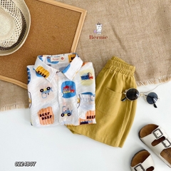 Set sơ mi tơ đũi cho bé trai đi biển đi chơi áo họa tiết hoa lá cây dừa nổi bật kèm quần BERNIE