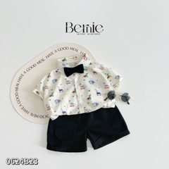 Set bộ quần áo set sơ mi công tử ngắn tay bé trai đính nơ rời mặc sinh nhật đi chơi đi tiệc 1 đến 7 tuổi BERNIE