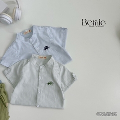 Set sơ mi tay ngắn cổ trụ kẻ sọc thêu khủng long và cá sấu cho bé trai 9kg tới 25kg Bernie 1223B025