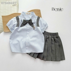 Set bộ sơ mi đồng phục học sinh ngắn cho bé trai bé gái áo sơ mi kèm nơ  cà vạt 1 đến 7 tuổi BERNIE 0724B42