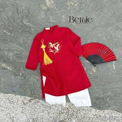 Áo dài cách tân bé trai mặc tết chất tafta thêu hạc màu xanh màu đỏ size 10 đến 25kg BERNIE 0824B37