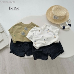 Set đồ thun tay ngắn basic cho bé trai mùa hè in cây dừa size 1 đến 7 tuổi BERNIE H1024B23