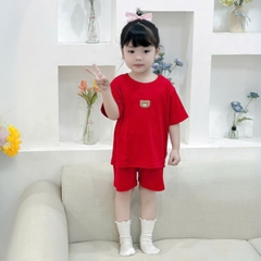 Đồ bộ unisex tay ngắn chất thun tăm cho bé trai bé gái họa tiết thêu gấu size từ 9 đến 24kg BERNIE H0125B14