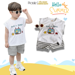 Set bộ tanktop bé trai áo thun ba lỗ in họa tiết kèm quần short kẻ sọc 1 đến 7 tuổi BERNIE T0225B28