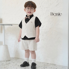 Set bộ vest gile công tử bé trai áo sơ mi tay ngắn màu đen phối gile kèm nơ 1 đến 7T BERNIE 0724B26
