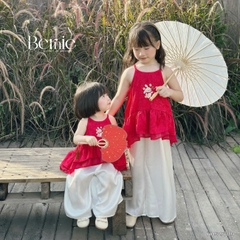 Set yếm lụa đỏ thêu thỏ tết trung thu bé gái dễ thương chất lụa gấm BERNIE 1 tuổi đến 7 tuổi H0525B19