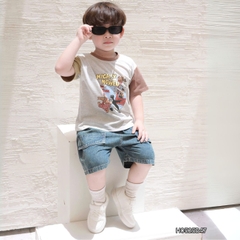 Set bộ tay ngắn phối màu họa tiết carnival kèm quần short jean cho bé trai 11kg tới 28kg BERNIE H0525B47
