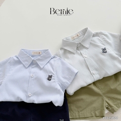 Set sơ mi ngắn tay kẻ sọc bé trai họa tiết thêu cáo kèm quần short cho bé từ 9kg tới 28kg BERNIE P0125B28
