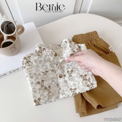 Set sơ mi đũi ngắn tay in tràn Mickey nâu kèm quần short kaki cho bé từ 9kg tới 28kg BERNIE H1124B47