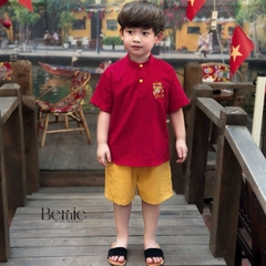  Set bộ sơ mi cổ trụ chất đũi cộc tay cho bé trai họa tiết mua Lân trung thu và Tết size 9 tới 28kg BERNIE H0525B32