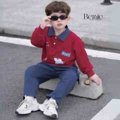 Set bộ polo tay dài áo polo đỏ họa tiết cún cho bé trai kèm quần jean dài size 1 đến 7 tuổi BERNIE T0625B41